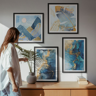 Multi-piece wall decor set Blue mountains gold patterns