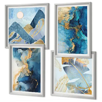 Multi-piece wall decor set with blue mountains and gold patterns