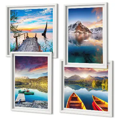 Wall art set featuring a landscape of lakes, mountains, and a boat