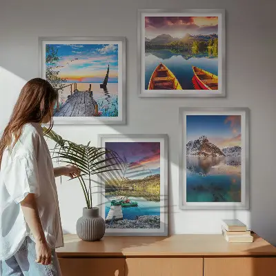 Wall art set featuring a landscape of lakes, mountains, and a boat