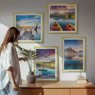 Wall art set featuring a landscape of lakes, mountains, and a boat