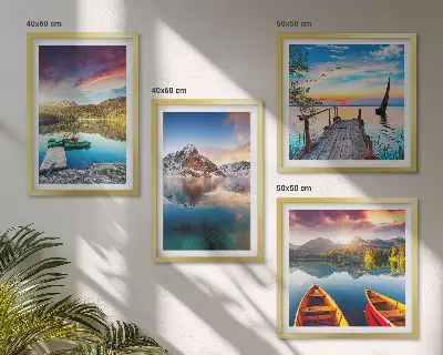 Wall art set featuring a landscape of lakes, mountains, and a boat
