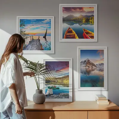 Wall art set featuring a landscape of lakes, mountains, and a boat