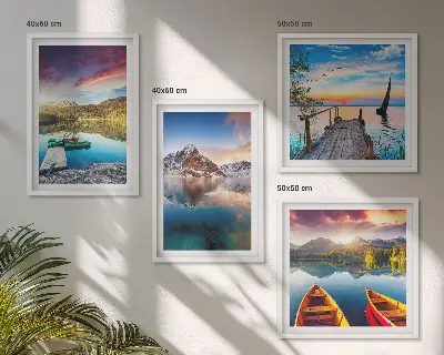 Wall art set featuring a landscape of lakes, mountains, and a boat