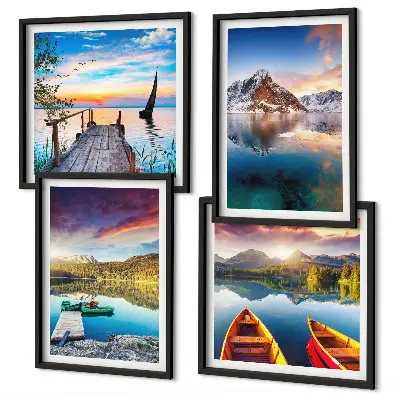 Wall art set featuring a landscape of lakes, mountains, and a boat