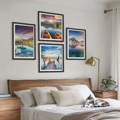 Wall art set featuring a landscape of lakes, mountains, and a boat