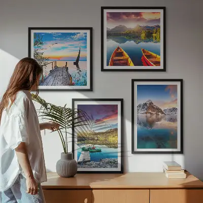 Wall art set featuring a landscape of lakes, mountains, and a boat