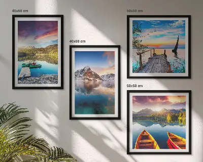 Wall art set featuring a landscape of lakes, mountains, and a boat