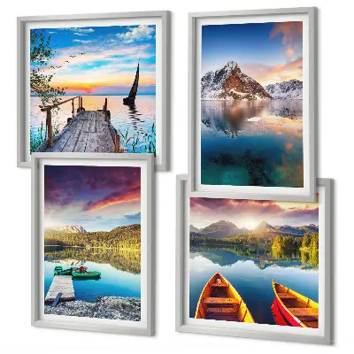 Wall art set featuring a landscape of lakes, mountains, and a boat