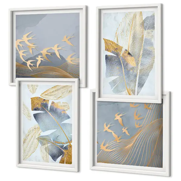 Set of 4 wall art pieces blue and beige leaves on a neutral background