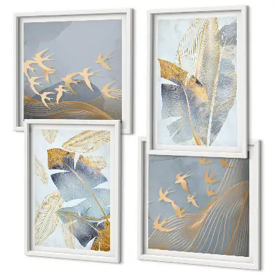 Set of 4 wall art pieces blue and beige leaves on a neutral background