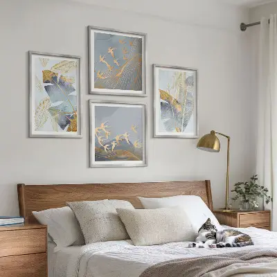 Set of 4 wall art pieces blue and beige leaves on a neutral background