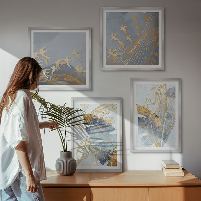 Set of 4 wall art pieces Blue-beige leaves on the background