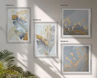 Set of 4 wall art pieces blue and beige leaves on a neutral background
