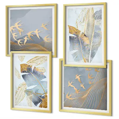 Set of 4 wall art pieces blue and beige leaves on a neutral background