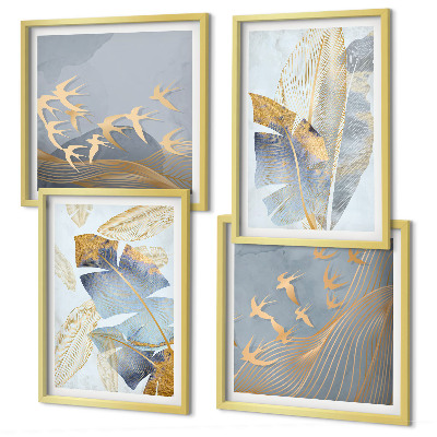 Set of 4 wall art pieces Blue-beige leaves on the background