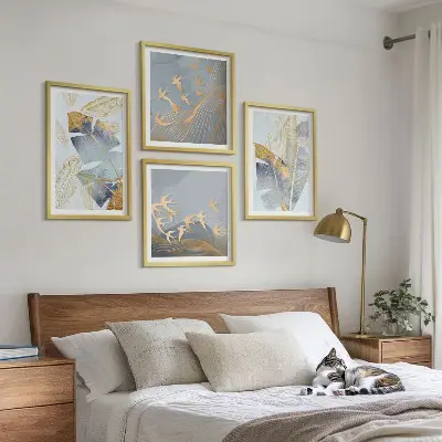 Set of 4 wall art pieces blue and beige leaves on a neutral background