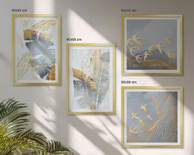Set of 4 wall art pieces blue and beige leaves on a neutral background