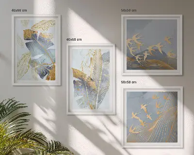 Set of 4 wall art pieces blue and beige leaves on a neutral background