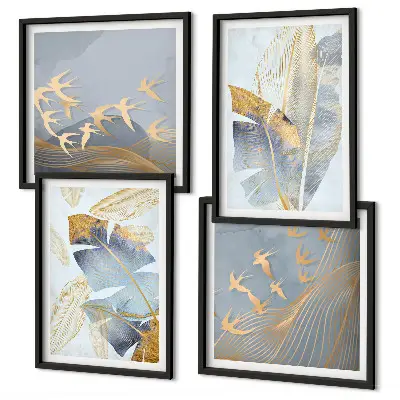 Set of 4 wall art pieces blue and beige leaves on a neutral background