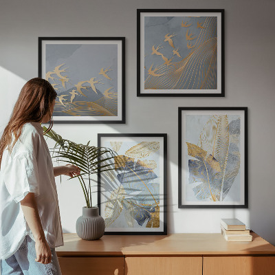 Set of 4 wall art pieces Blue-beige leaves on the background