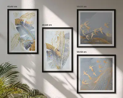 Set of 4 wall art pieces blue and beige leaves on a neutral background