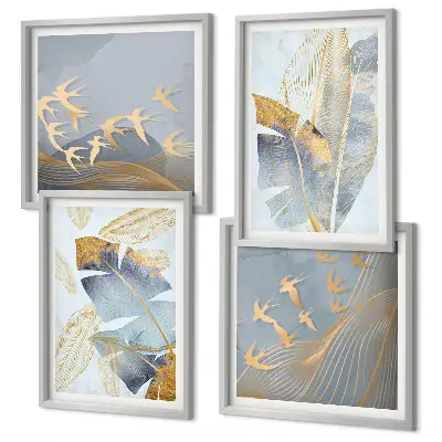 Set of 4 wall art pieces blue and beige leaves on a neutral background