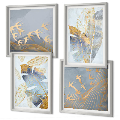 Set of 4 wall art pieces Blue-beige leaves on the background