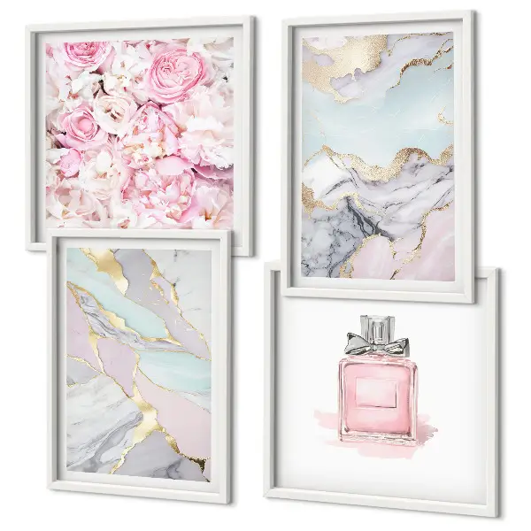 Wall art set pink floral marble pastel design