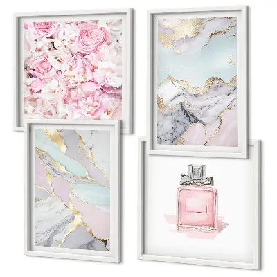 Wall art set pink floral marble pastel design