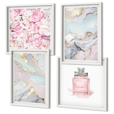 Wall art set Pink flowers marble pastel