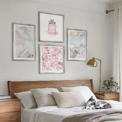 Wall art set pink floral marble pastel design