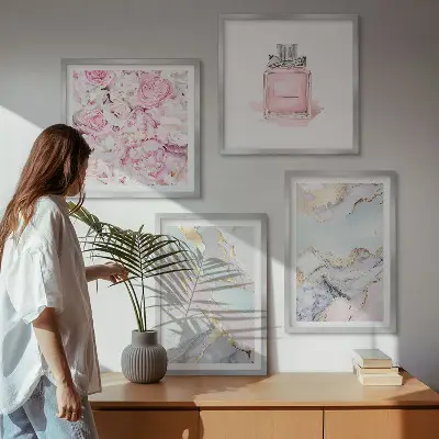 Wall art set pink floral marble pastel design