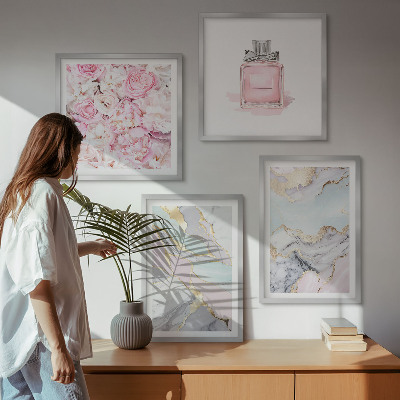 Wall art set Pink flowers marble pastel