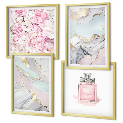 Wall art set pink floral marble pastel design