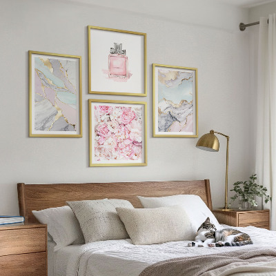 Wall art set Pink flowers marble pastel