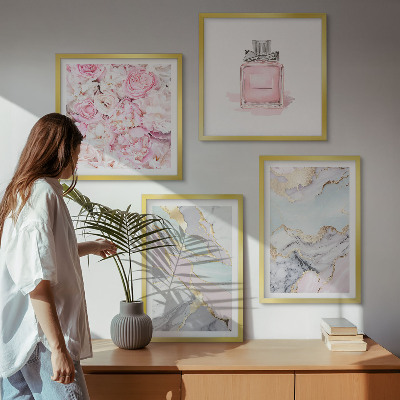 Wall art set Pink flowers marble pastel