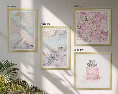 Wall art set pink floral marble pastel design