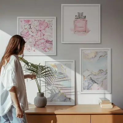 Wall art set pink floral marble pastel design