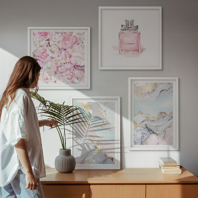 Wall art set Pink flowers marble pastel