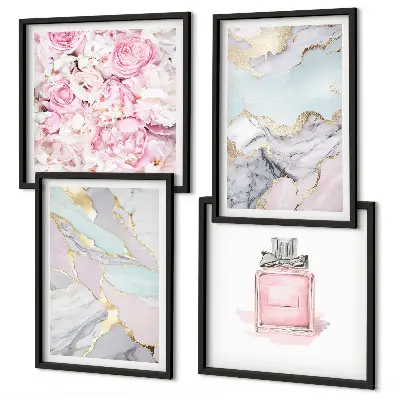 Wall art set pink floral marble pastel design