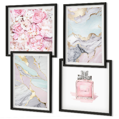 Wall art set Pink flowers marble pastel