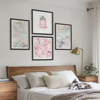 Wall art set pink floral marble pastel design