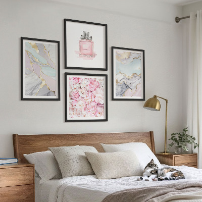 Wall art set Pink flowers marble pastel