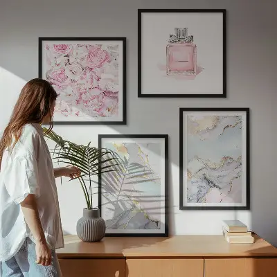 Wall art set pink floral marble pastel design