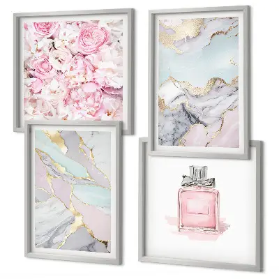 Wall art set pink floral marble pastel design