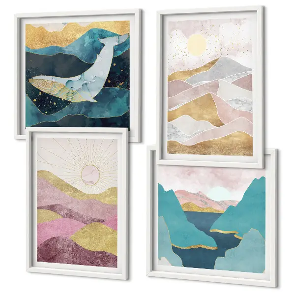 Abstract mountains and sun wall art set of 4 pieces
