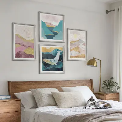 Abstract mountains and sun wall art set of 4 pieces