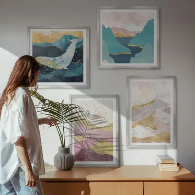 Abstract mountains and sun wall art set of 4 pieces
