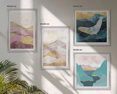 Abstract mountains and sun wall art set of 4 pieces